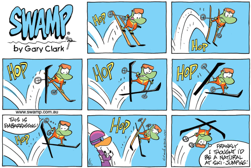 Mort Frog is ski-jumping