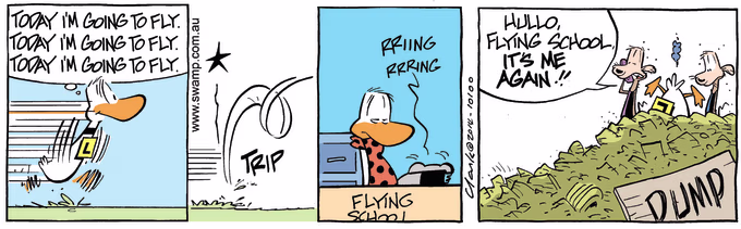 Ding Duck declared that today I'm going to fly but things didn't go according to plan. Swamp Cartoon of the Day - Today I’m Going to Fly