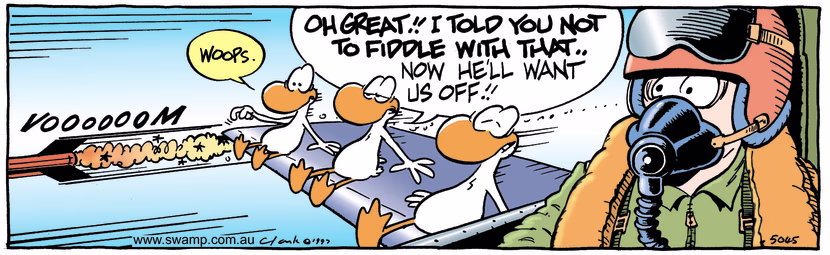 Aviator Ducks are hitching ride on wing of fighter jet when one of them fiddles with something. Swamp Cartoon - Just Can’t Help HimselfJanuary 16, 2020