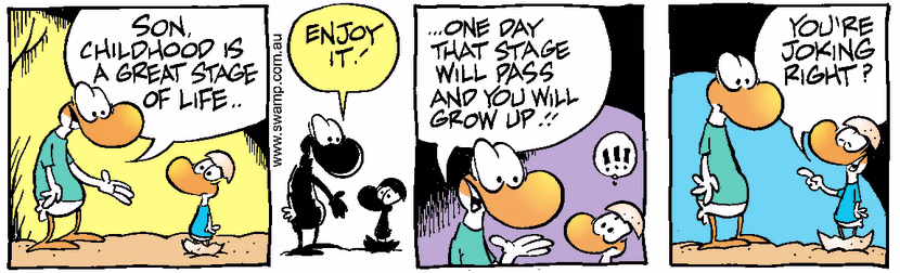 Baby Duck doesn't want to believe his dad that one day he will grow up and become adult. Swamp Cartoon - Baby Duck Growing UpNovember 27, 1999