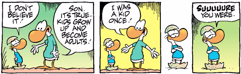 Baby Duck doesn't believe his dad was once a kid but he's trying hard to convince him. Swamp Cartoon - Baby Duck ChildhoodNovember 29, 1999