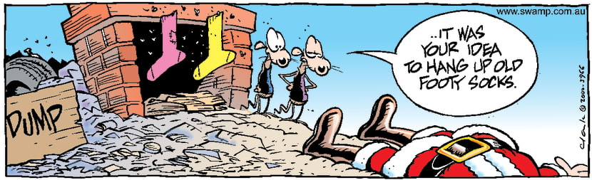Santa Claus has arrived at Cheese and Chives place and upon placing presents in the stockings hanging on the fireplace mantle, Santa faints. Swamp Cartoon - Santa Claus has ArrivedDecember 25, 2021