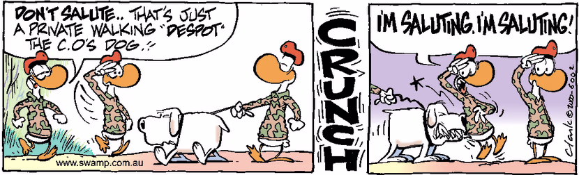 Despot Dog doesn't like it when the army duck doesn't salute him when passing by. Swamp Cartoon - Despot Dog Bites HardDecember 13, 2000