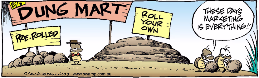 Dung Beetles have discovered the value of vale-adding and marketing of dung balls. Swamp Cartoon - Dung Beetle MarketingMarch 6, 2001
