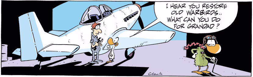 Swamp Duck approaches aircraft maintenance guy if he can restore vintage flyer, Granddad Duck. Swamp Cartoon - Old Warbirds ComicMarch 27, 2001