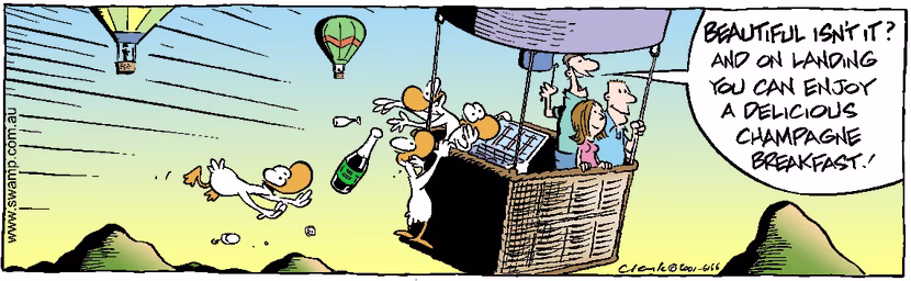 In mid-flight, Aviator Ducks are raiding the picnic basket of hot air ballooning guests. Swamp Cartoon - Aviator Ducks Ballooning RaidJune 22, 2001