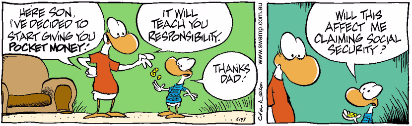 Father Duck is excited to give his son pocket money to teach him responsibility. Swamp Cartoon - Teach Him ResponsibilityJuly 24, 2001