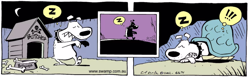 Sound asleep, the Swamp turtle gets woken to discover he has a bed buddy, Butcher Dog. Swamp Cartoon - Swamp Turtle Bed Buddy ComicJune 13, 2002