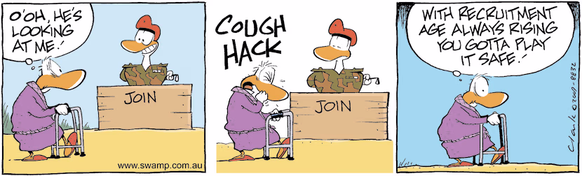 The Swamp Army Duck is seeing a potential recruit which concerns the elderly duck. Swamp Cartoon - Potential Army RecruitDecember 25, 2009