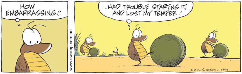 Dung Beetle had trouble starting his bung ball to roll and it didn't end well. Swamp Cartoon - Trouble StartingMarch 29, 2025