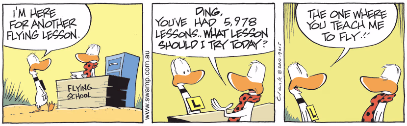 The Flying School Insrtuctor asks Ding which lesson he would like today and he makes the obvious choice. Swamp Cartoon - Obvious ChoiceApril 5, 2025