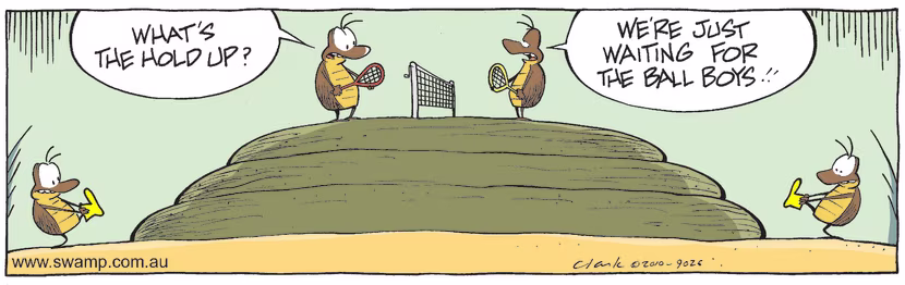 The players are keen to get the tennis game underway but they're waiting for the ball boys. Swamp Cartoon - Waiting for the Ball BoysApril 17, 2025