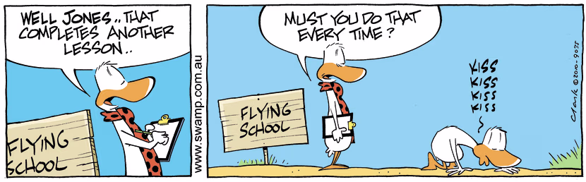 The flying student celebrates a lush landing by kissing the ground. Swamp Cartoon - Lush LandingApril 24, 2025
