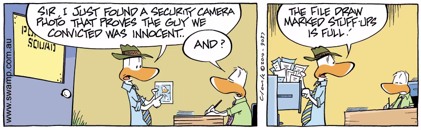 The Poultry Squad officer has administration trouble as he doesn't know where to file the record for someone wrongly convicted. Swamp Cartoon - Administration TroubleApril 28, 2025