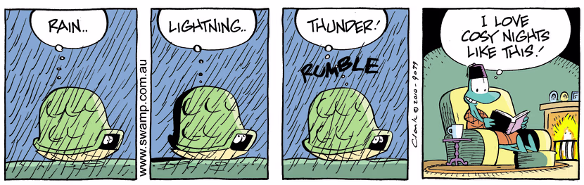 There's thunder, lightning and rain outside but Turtle is enjoying a cosy night. Swamp Cartoon - A Cosy NightApril 30, 2025