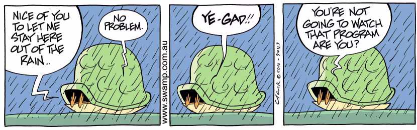 Nit Picker Bird is really stretching the friendship with Turtle by complaining about his teleivision program selection. Swamp Cartoon - Stretching the FriendshipMay 5, 2025