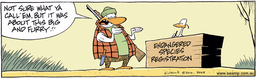 A duck hunter has gone to the endangered species registration about a missing animal. Swamp Cartoon - Endangered Species RegistrationMay 10, 2025