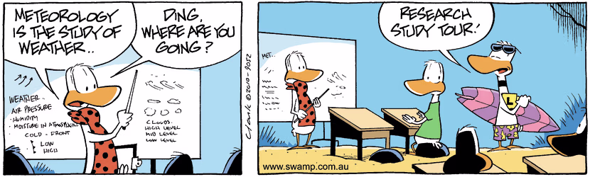 With the flight theory lesson on meteorology, this inspires Ding Duck weather research initiative. Swamp Cartoon - Ding Duck Weather Research ComicMay 15, 2025