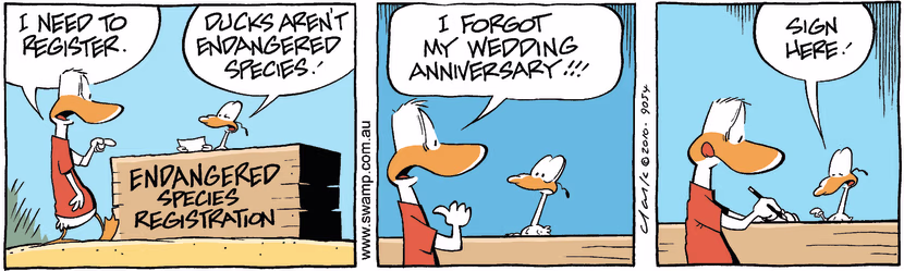 A duck comes to register himself as an endangered species but initially he's refused. Swamp Cartoon - Endangered SpeciesMay 17, 2025