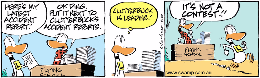 Ding Duck is annoyed that Clutterbuck has lodged more accident reports than him. Swamp Cartoon - More Accident ReportsJune 5, 2025