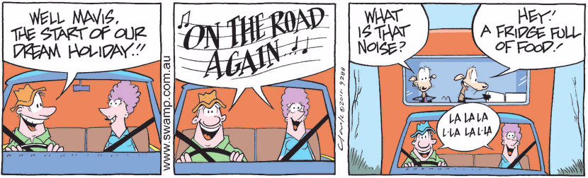 Cheese and Chives Rats are enjoying a touring holiday in caravan and they have food-laden fridge. Swamp Cartoon - Cheese Chives Rats Road AnticsJune 10, 2011