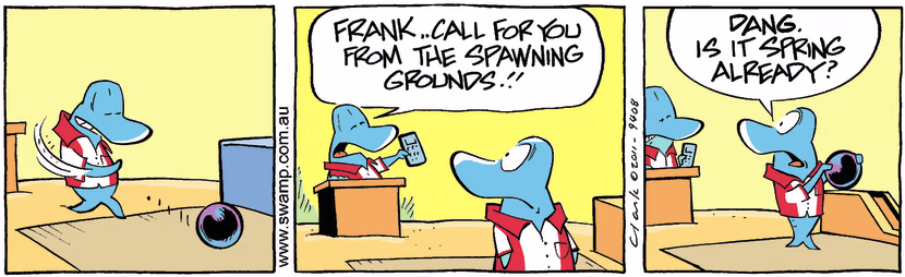 Frank Mud Mullet is enjoying his bowling night when he receives call advising its spawning time. Swamp Cartoon - Frank Mud Mullet BowlingOctober 28, 2011