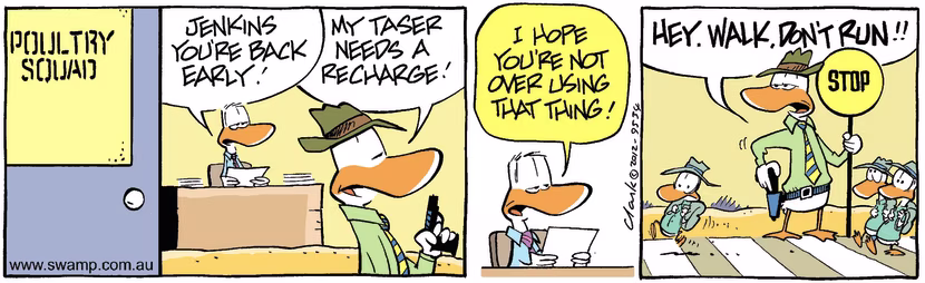 Jenkins has returned early to the Poultry Squad Office to recharge his taser. Swamp Cartoon - Recharge His TaserJune 9, 2025