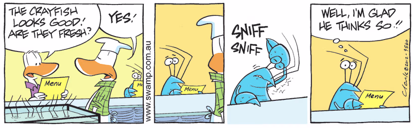 A diner is asking the chef if the crayfish is fresh and Bob thinks otherwise. Swamp Cartoon - Crayfish is FreshJune 14, 2025
