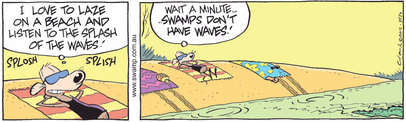 Chives Rat is sunbaking in the swamp along side some mates when he sounds of waves. Swamp Cartoon - Sunbaking in the SwampMarch 4, 2021