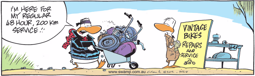 Wild Duck brings in his motorbike for regular service which only lasts for 200 kilometres. Swamp Cartoon - Wild Duck’s Bike RepairMarch 30, 2021