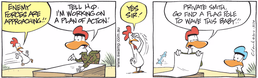 Carrier Pigeon is racing to Army Headquarters to advise Sergeant enemy forces are approaching. Swamp Cartoon - Enemy Forces Are ApproachingMarch 25, 2021