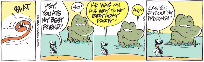 Fly is very annoyed Wart Frog ate his friend especially because he was coming to the birthday party. Swamp Cartoon - Ate His FriendJanuary 14, 2025