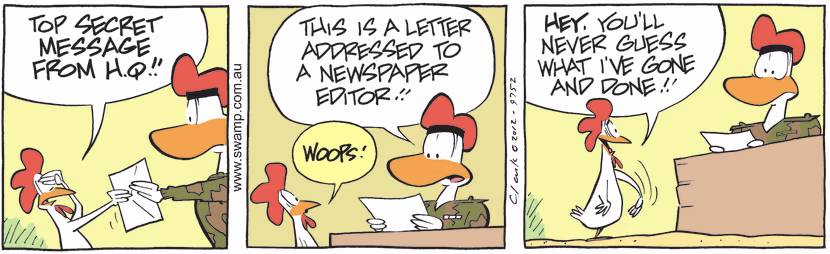 Carrier Pigeon 590 delivers urgent secret message to Army Sergeant but it's wrong one. Swamp Cartoon - Delivery Issues ComicJanuary 31, 2025