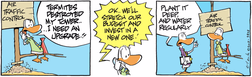 Air Traffic Controller has placed an urgent call that termites have eaten the tower and needs an upgrade. Swamp Cartoon - Termites Have Eaten the TowerFebruary 7, 2025