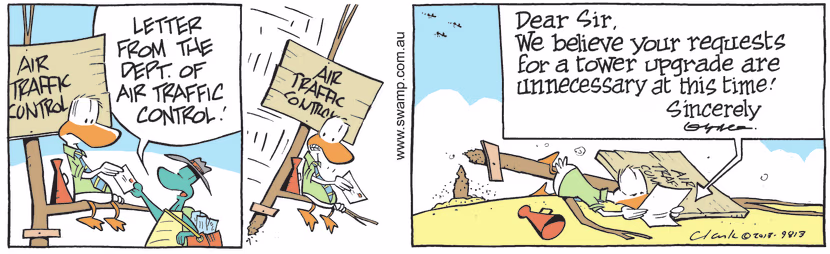 The postman delivers a letter from the Department of Air Traffic Control about the Controller's request for new tower. Swamp Cartoon - Request for New TowerFebruary 11, 2025