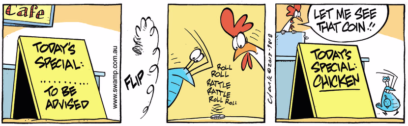 Swamp Cartoon - Bob Crayfish Coin Toss ComicJanuary 1, 2015