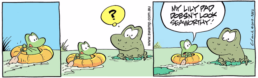 Wart Frog is thinking that's unusual for Mort to be in a dingy. Swamp Cartoon - That’s Unusual ComicApril 22, 2013