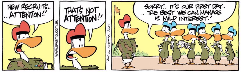 New recruits are called to attention but all they can muster is mild interest. Swamp Cartoon - Called to AttentionFebruary 25, 2025