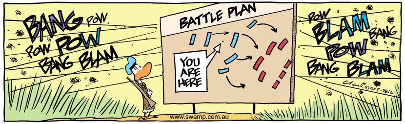 In the midst of heavy fire, the Army Duck is a bit bewildered after seeing his position on the battle plan. Swamp Cartoon - Battle Plan ComicMarch 1, 2025