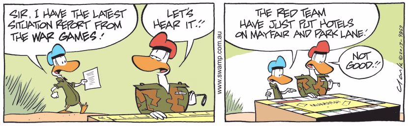 Army Duck arrives at Headquarters to give the Commanding officer the latest situation report from the war games. Swamp Cartoon - Latest Situation ComicMarch 5, 2025