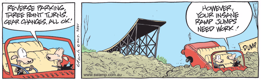 Cheese Rat is reviewing Chives driving skills and passes him for reverse parking, three point turns, gear changes. Swamp Cartoon - Chives Driving SkillsMarch 19, 2025