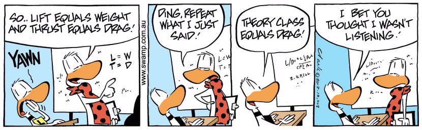 Flight Theory Instructor is explaining to Ding lift equals weight and thrust equals drag. Swamp Cartoon - Lift Equals Weight ComicMarch 18, 2025