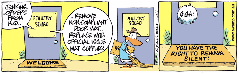 Jenkins has been informed that orders from HQ declare that non-compliant door mat is to be replaced. Swamp Cartoon - Orders from HQSeptember 22, 2025