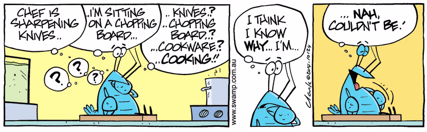 Swamp Cartoon - Chef Preparing Bob the Crayfish ComicMarch 7, 2014