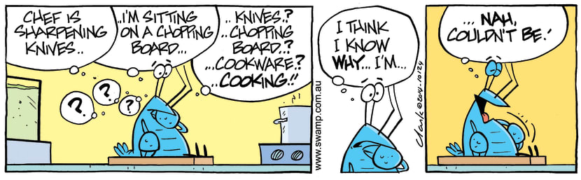 Swamp Cartoon - Chef Preparing Bob the Crayfish ComicMarch 7, 2014