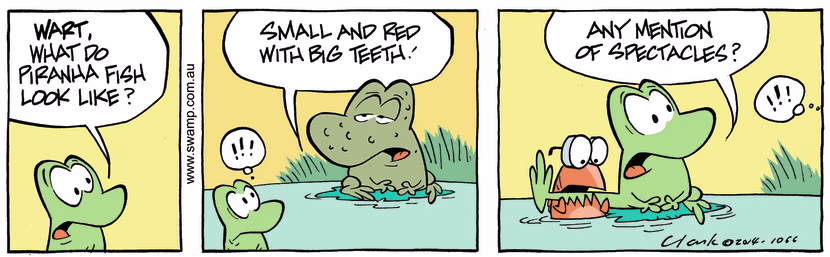 Swamp Cartoon - Wart, Mort Frog Discuss Piranha ComicApril 25, 2014