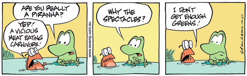 Swamp Cartoon - Mort Frog Piranha Glasses ComicApril 26, 2014