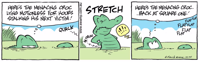 Swamp Cartoon - Old Man Croc Stretching ComicMay 7, 2014