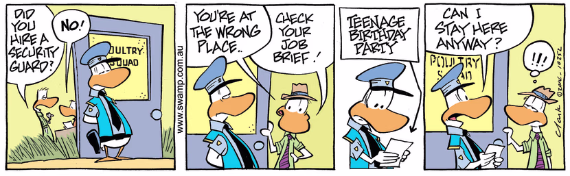 Swamp Security Guard checks in to Poultry Squad Office believing he has been hired. Swamp Cartoon - Swamp Security GuardSeptember 6, 2014