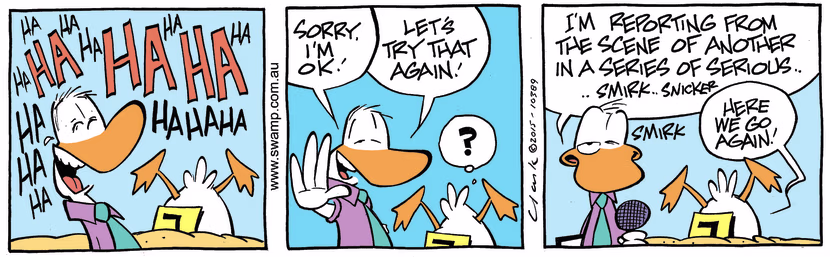 Swamp Cartoon - Ding Duck and Reporter ComicApril 6, 2015